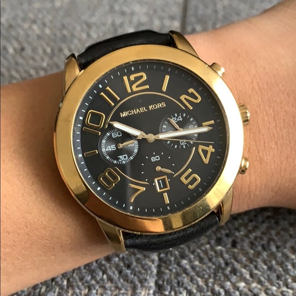 Michael Kors Gold Tone and Black Leather Watch - Picture 7 of 9